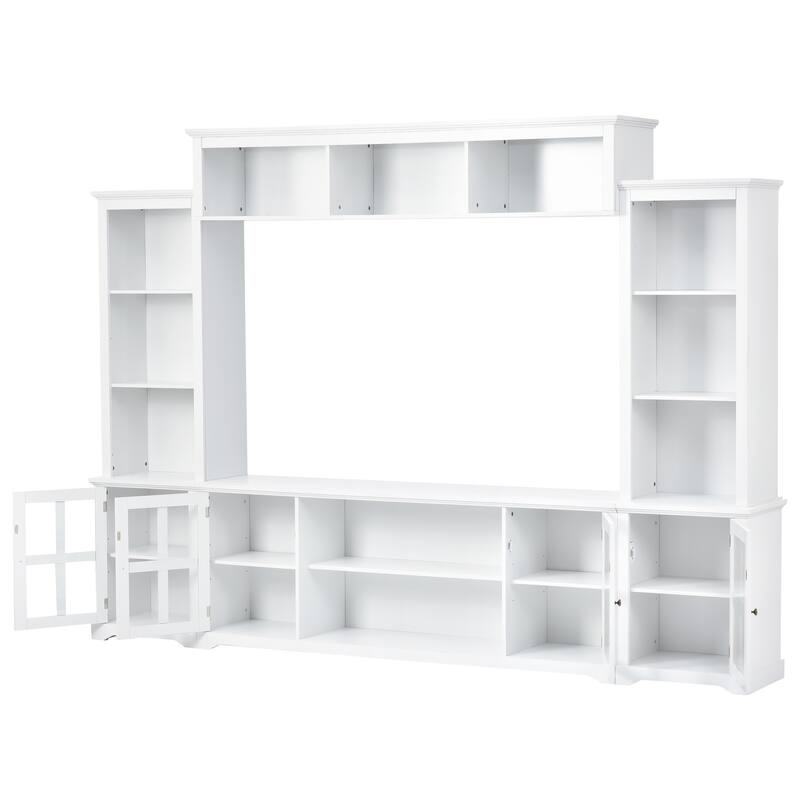 White Entertainment Wall Unit with Bridge and Tempered Glass Door, TV Console Table for TVs up to 70"