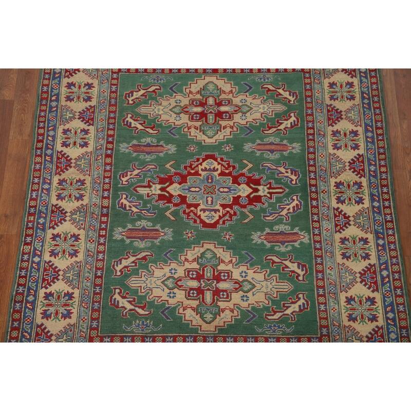 Green Geometric Kazak Area Rug Hand-Knotted Wool Carpet - 4'11" x 6'1"