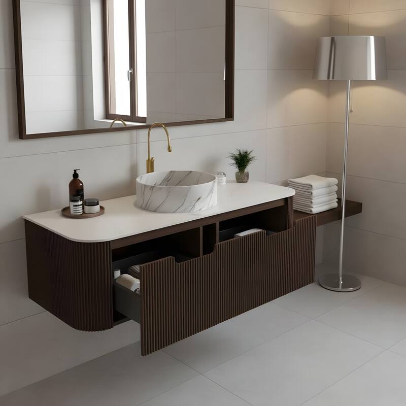 Floating Bathroom with Round Ceramic Basin and Storage Drawer