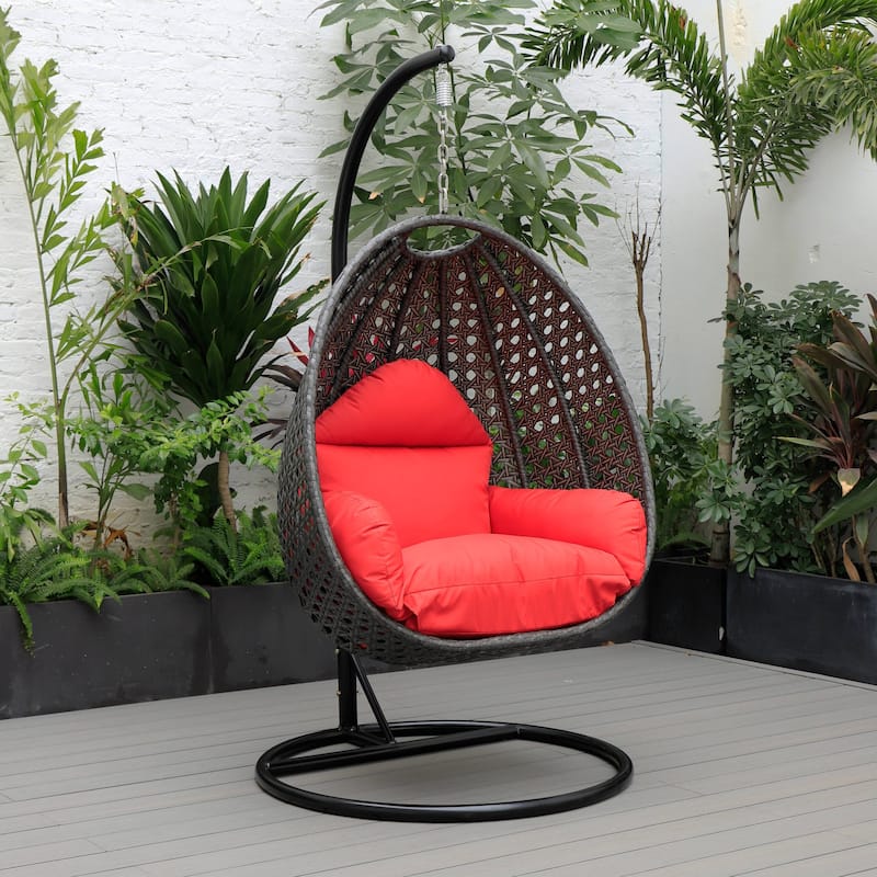 LeisureMod Charcoal Single Seater Rattan Wicker Egg Swing Hanging Chair for Indoor Outdoor Patio Porch Backyard Garden