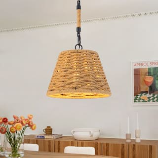 1-Light Farmhouse Hand Woven Drum Chandelier with Natural Rope Shade - Wood