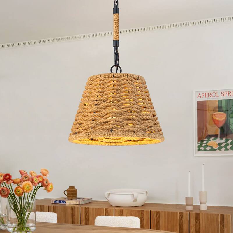 1-Light Farmhouse Hand Woven Drum Chandelier with Natural Rope Shade - Wood - Wood