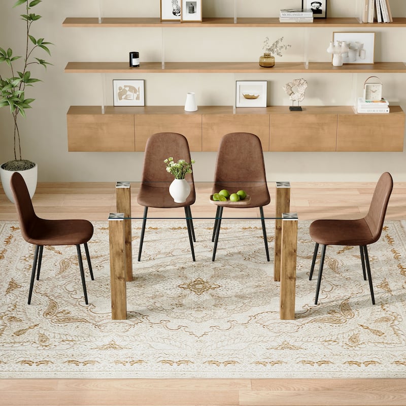 Glass Dining Table Set for 4, 5-Piece Rectangular Glass Kitchen Table Set with 4 Upholstered Dining Chairs for Small Spaces