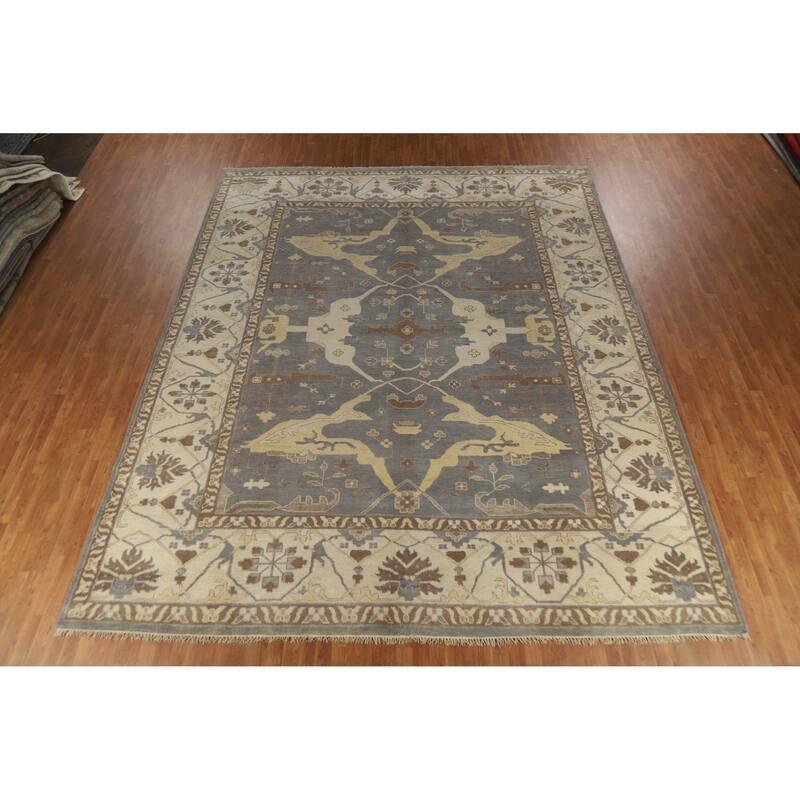 Gray Oushak Indian Large Rug Handmade Gray Floral Wool Carpet - 11'10" x 14'9"