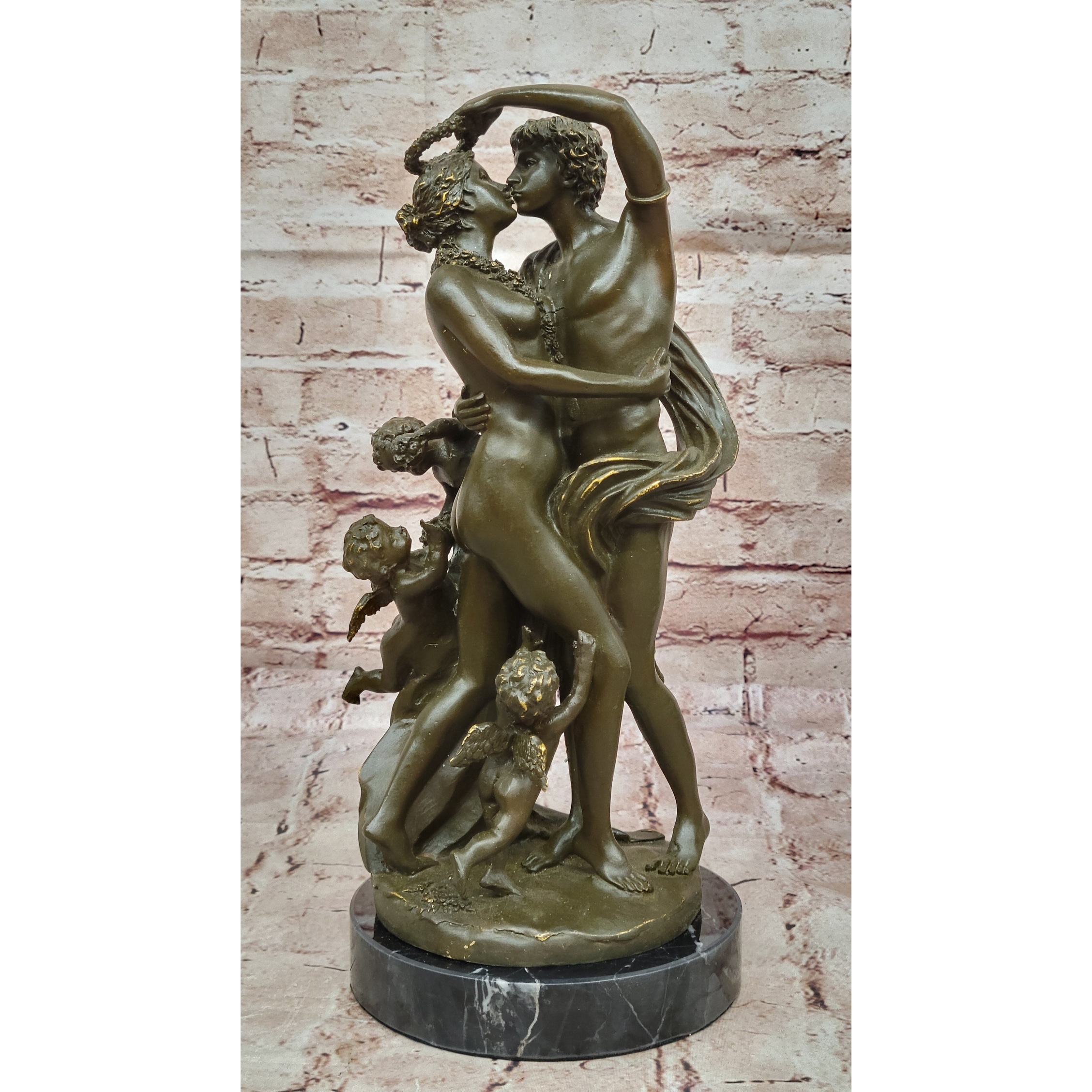 Romantic Lovers And Cherubs Bronze Sculpture On Marble Base By Milo