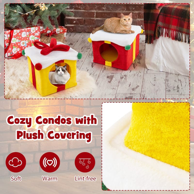 Cute Christmas Cat House 2 Gift Box with Bow, Perfect Holiday Cat Bed - 15.5" x 15.5" x 13"