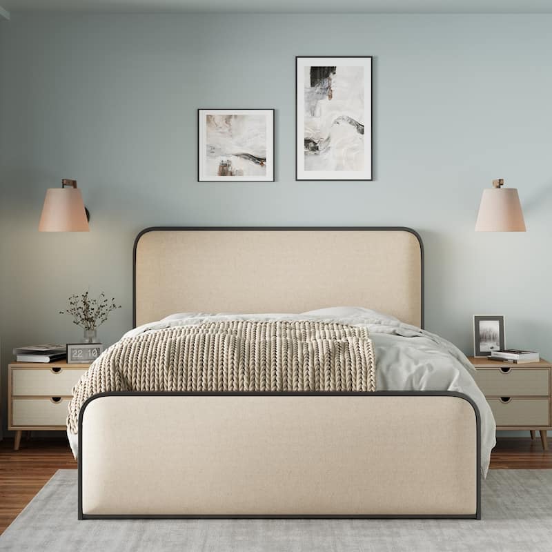 Modern Metal Bed Frame with Curved Upholstered Headboard and Footboard