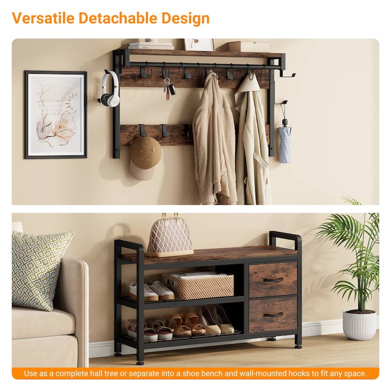 6-in-1 39.4"Hall Tree with Bench Entryway Shoe Rack w/24 Hooks & 2 Drawers