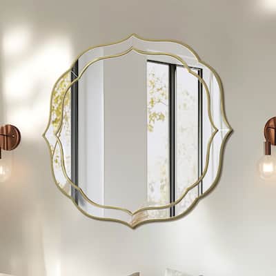 Large Gold Wall Mirror with Glass Beveled Frame - 32" x 32"