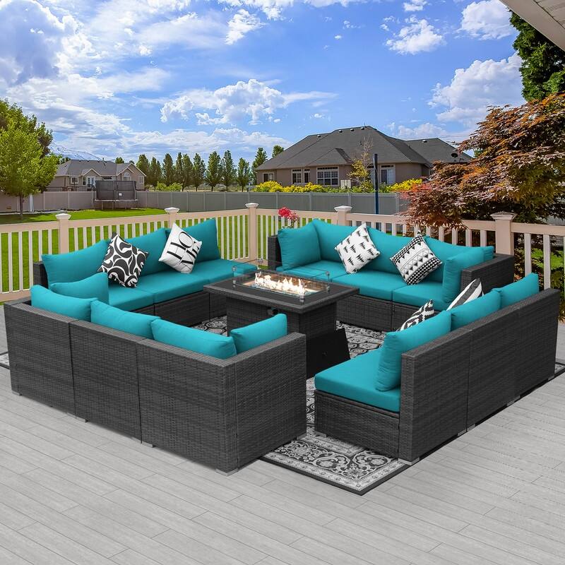 FINCATI Outdoor Grey Wicker Sectional Furniture Patio Sofa Set with Firepit Table - 13 Piece - Teal