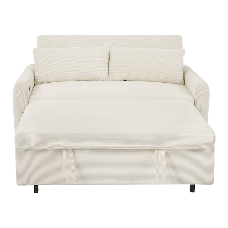 Roomfitters Pull-Out Sofa Bed Convertible 2-Seat Loveseat with Throw Pillows and USB Ports, Modern Sleeper Sofa, Beige