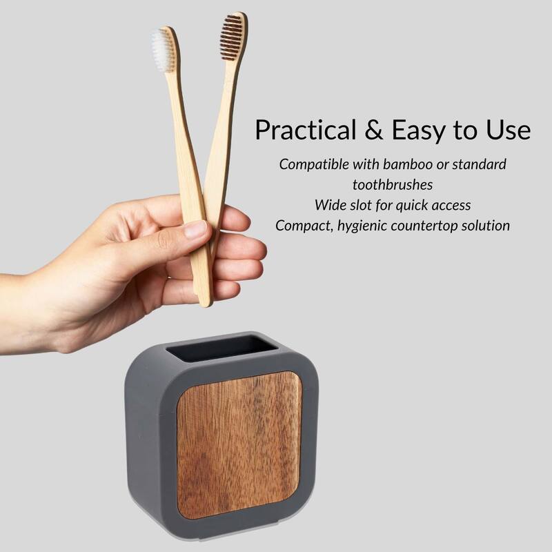 Modern Toothbrush Holder Rubber and Wood - 4.3 L x 2 W x 4.4 H