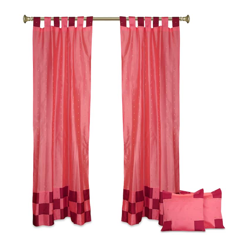 4 Pc Set Indian Sari Curtains & Cushion Covers Boho Tab Top Living Room Bedroom - Peach - 36" W X 96" L - 96 Inches