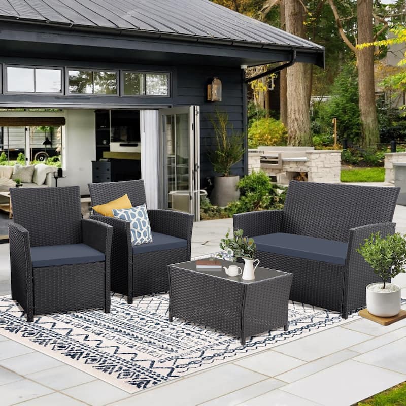 4-Piece PE Rattan Patio Furniture Set, Weather-Resistant Outdoor Conversation Set - Black-Grey