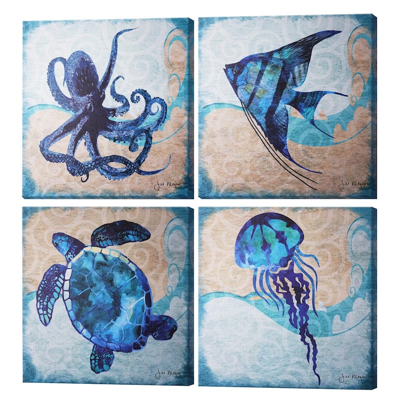 Sea Creatures Turtle Jellyfish Octopus Angelfish - 4 Piece Canvas Set
