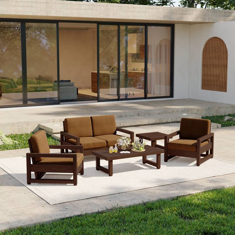 5-Piece Outdoor Solid Teak Wood Patio Conversation Set