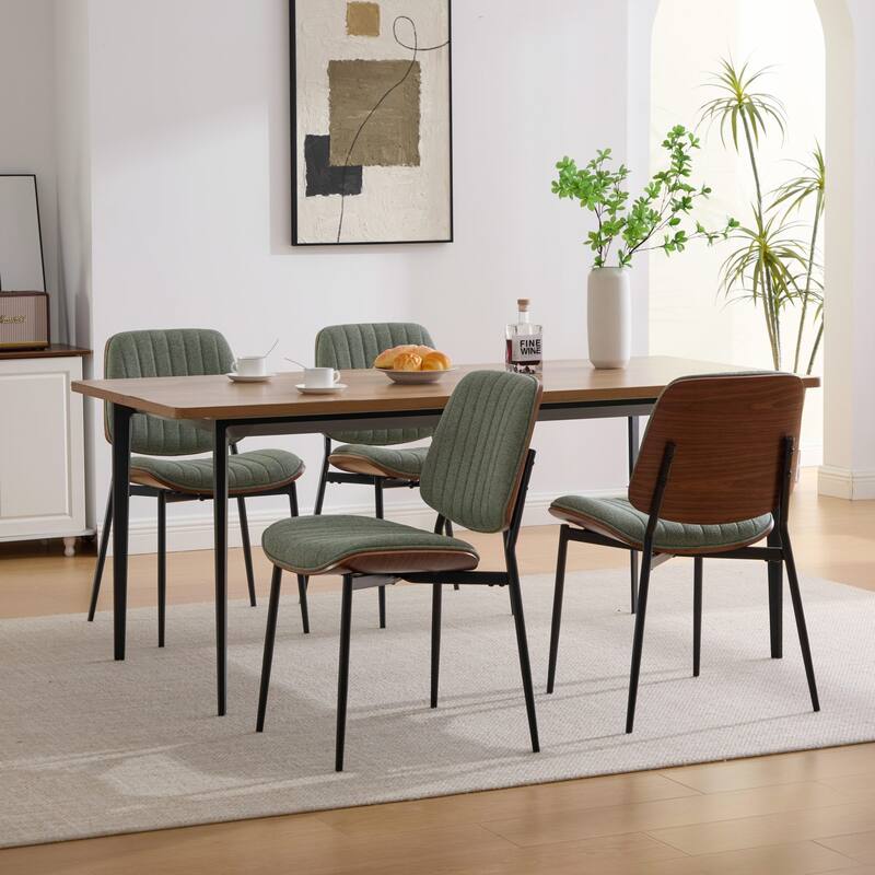 Linen Upholstered Dining Chairs Set of 2, Kitchen Chairs with Walnut Bentwood Back, Armless Side Chairs with Metal Tapered Legs