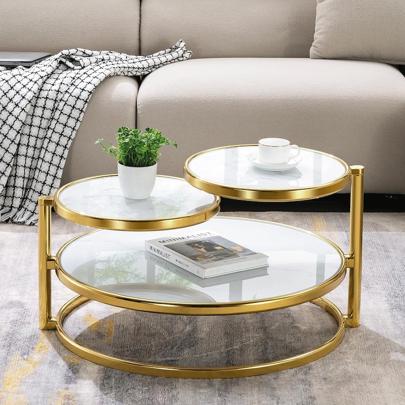 Round Tempered Glass Coffee Table with 3 Tiers 360 Degrees Rotating Top - White/Gold