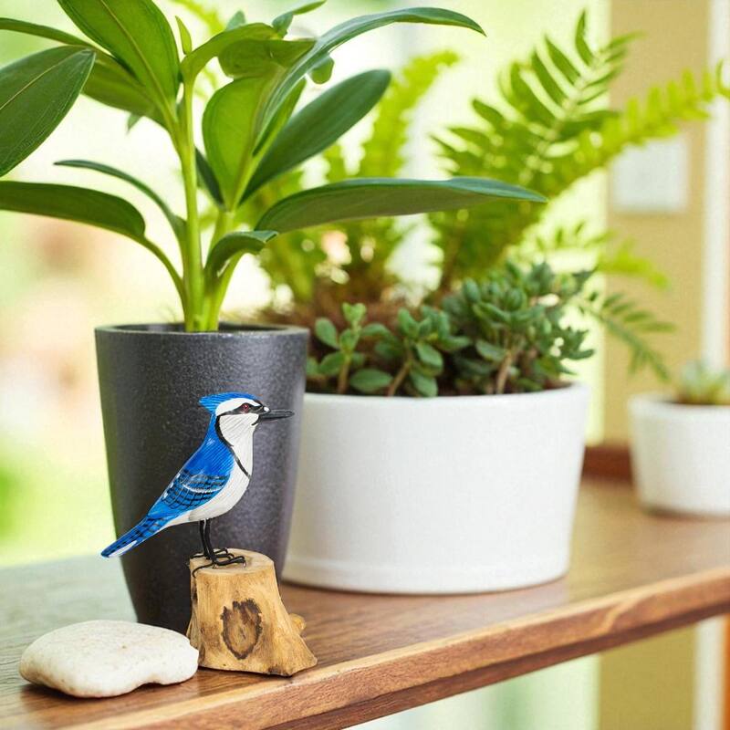 Wood Blue Jay Figurine - Hand Carved Songbird Sculpture, Nature Inspired Bird Decor - 7.5" tall x 5" wide x 3" deep