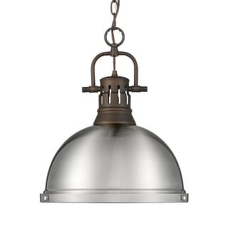 Yep by Golden Lighting Duncan 1-light 14in Chain Hung Pendant in Rubbed Bronze and Pewter shade