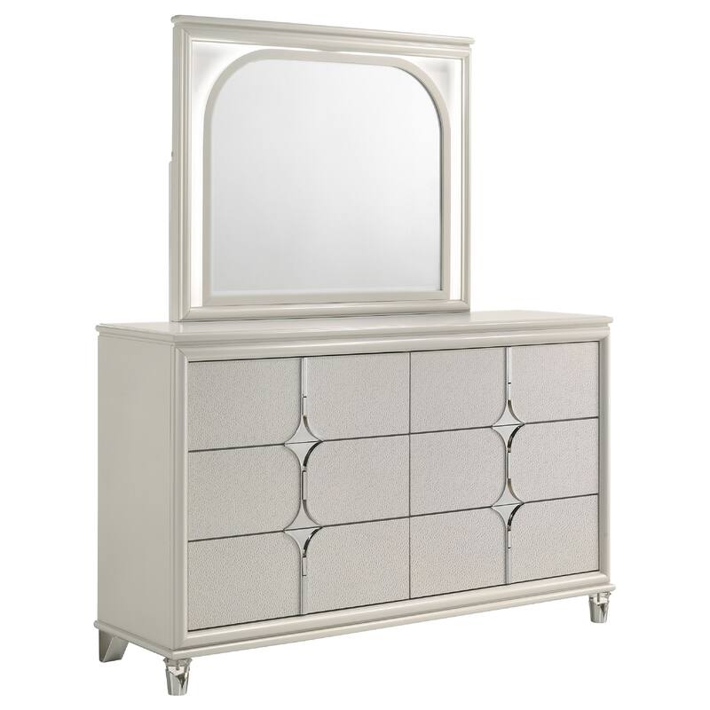 Ory Wide Dresser with LED Mirror, 6 Drawers, Pearl White Wood Frame
