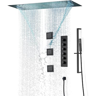 36 inch 64 inch LED light head 5 way thermostatic shower system matte black - 7'6" x 10'9"