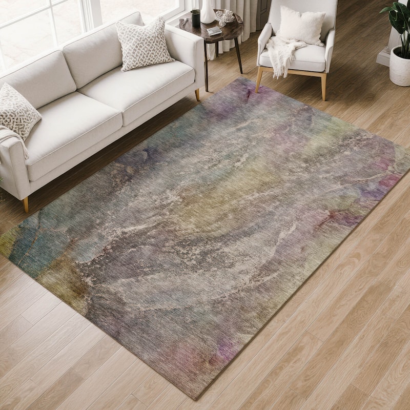 Machine Washable Indoor/ Outdoor Abstract Watercolor Chantille Rug