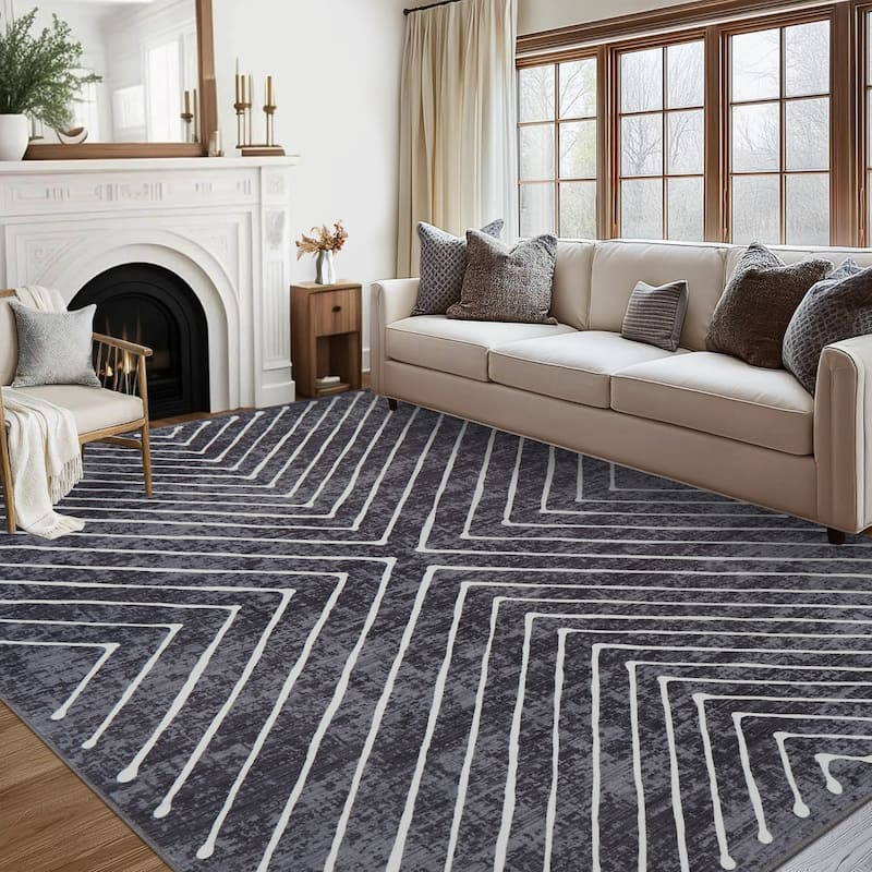 Modern Geometric Area Rug Farmhouse Stripe Area Rug Living Room Stain Resistant Non-Slip Carpet for Bedroom Dining Room - 4'x6' - Dark Gray