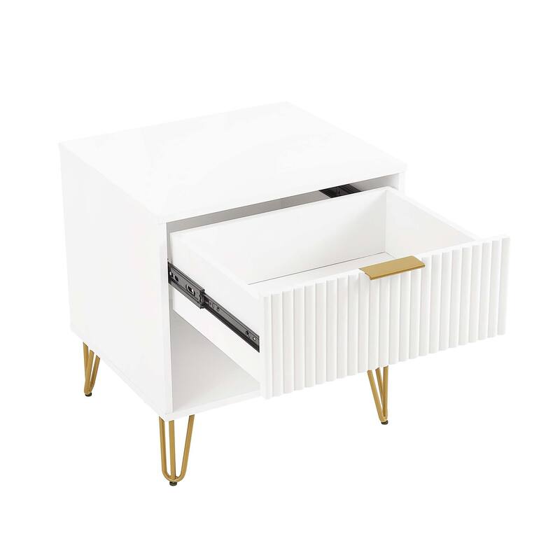 20" Fluted Nightstand with Single Drawer and Metal Legs Modern Design