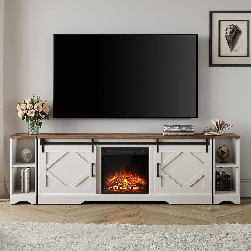 Fireplace TV Stand Farmhouse Sliding Barn Door Entertainment Center - 85.7" - White