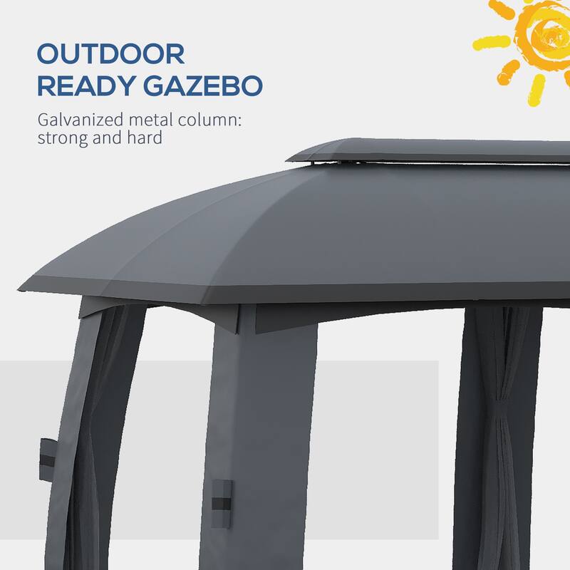 118" x 236" Dark Grey Outdoor Gazebo with Mesh Netting and Two-Tier Roof Included Stakes - 118" L x 236.25" W x 109.5" H