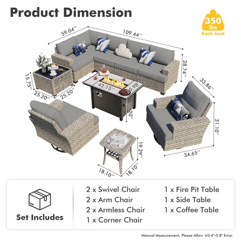 HOOOWOOO 10-piece Wicker Rattan Patio Sectional Set with Fire Pit Table