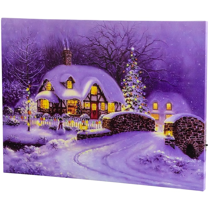 Fiber Optic and LED Lighted Snowy Christmas House Canvas Wall Art 12"