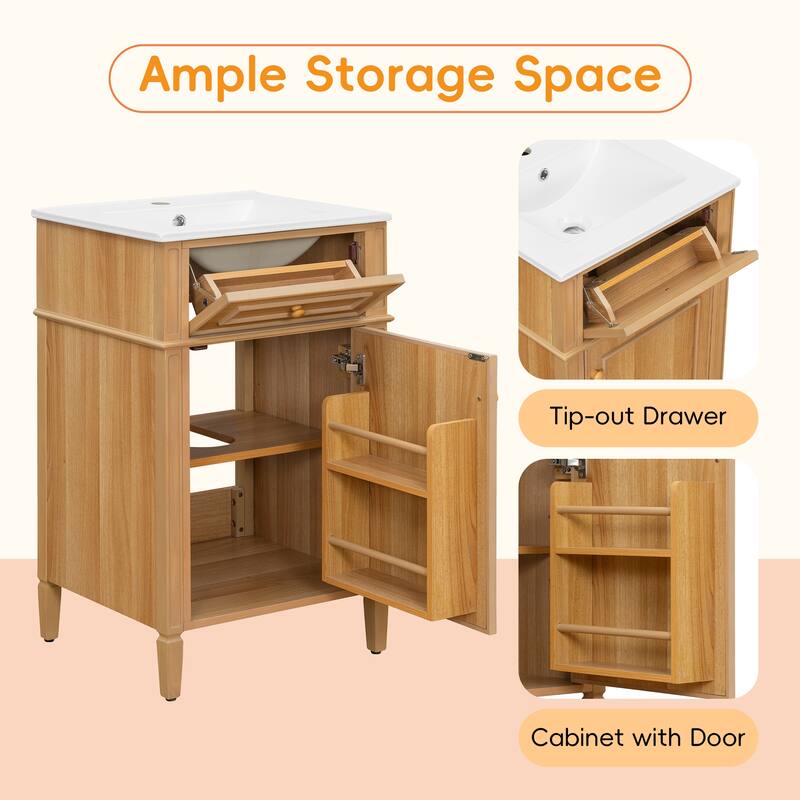 20-Inch Wood Bathroom Vanity with Sink, Solid Wood Legs, Adjustable Shelf, Tilt-Out Drawer,Modern Freestanding Cabinet