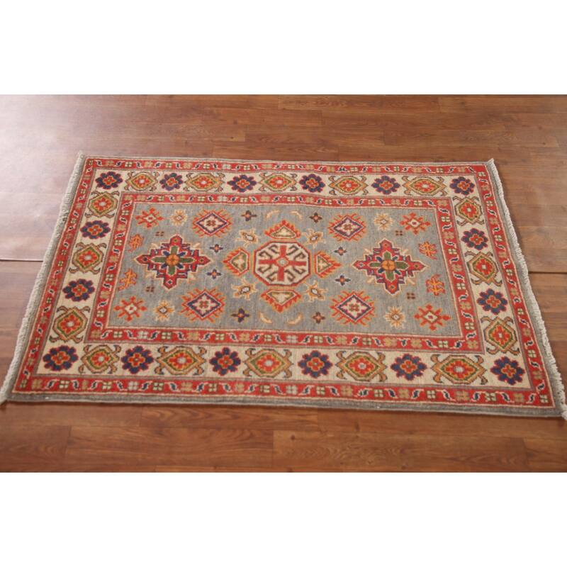 Geometric Kazak Accent Rug Hand-Knotted Grey Wool Carpet - 2'8"x 4'2"