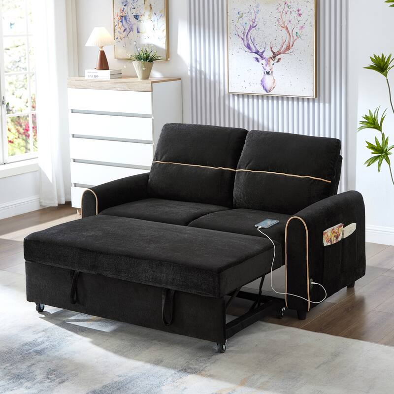 GDFStudio - 58" Chenille Convertible Sleeper Sofa with USB - Black