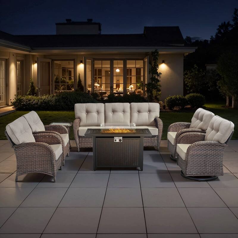 TWrap Wicker Patio Iron Fire Pit Conversation Set with 3-Seat Sofa & Swivel Gliders & Armchairs - Brown/Beige - No Ottomans