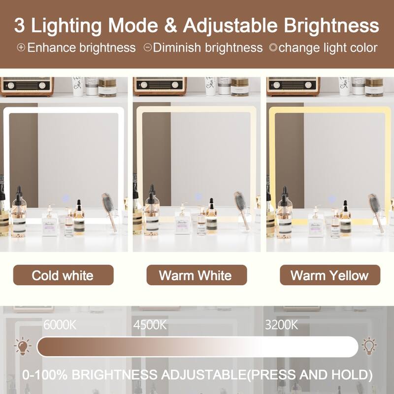 Makeup Vanity Table Set with 3 Adjustable Lighted Mirror and Storage Chair