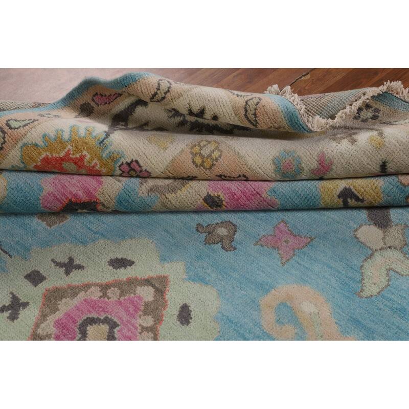 Light Blue Floral Oushak Oriental Area Rug Hand-Knotted Wool Carpet - 8'11"x 11'9"