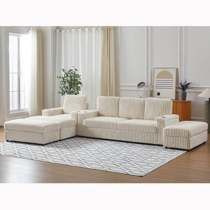 Anmytek Corduroy 3-Seater Deep Seat Sofa & Single Recliner With Cup-Holding Grooves