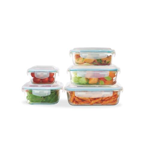 Bene Casa 10-piece glass food storage container set, air tight led containers, oven safe, microwave safe - 10pc Glass Storage