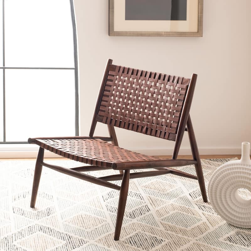 SAFAVIEH Soleil Squared Leather Woven Accent Chair - 26" W x 31.5" L x 30.7" H - Cognac / Brown