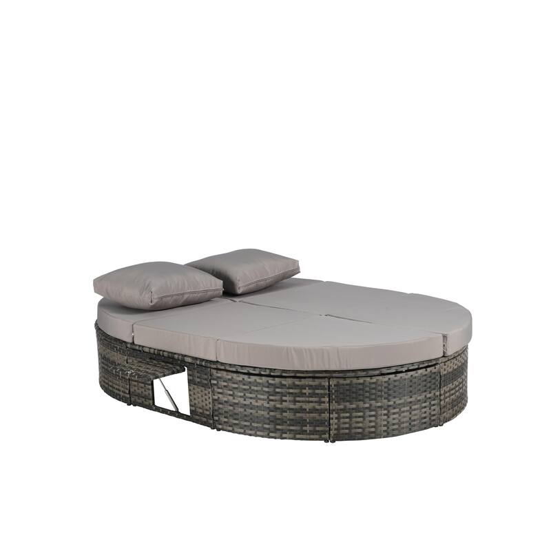 Outdoor Patio Rattan Round Daybed Sunbed with Adjustable Backrests and Foldable Cup Trays