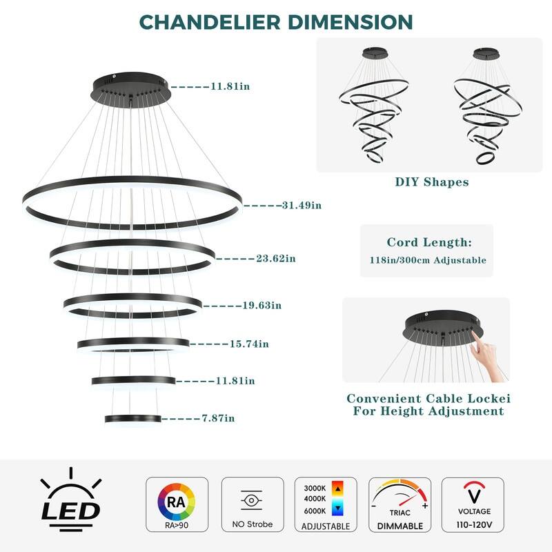 Modern Ring LED Chandelier Ring Adjustable Ceiling Light with Remote Control for High Ceilings