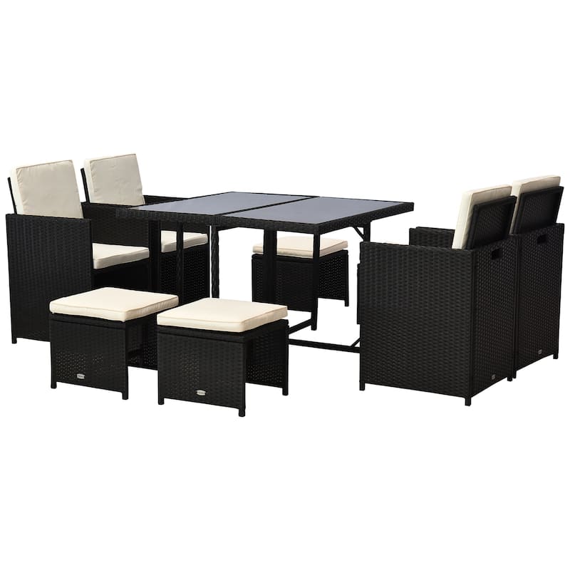 Outsunny 9 Piece Outdoor Rattan Wicker Dining Table and Chairs Furniture Set Space Saving Wicker Chairs w/ Cushions
