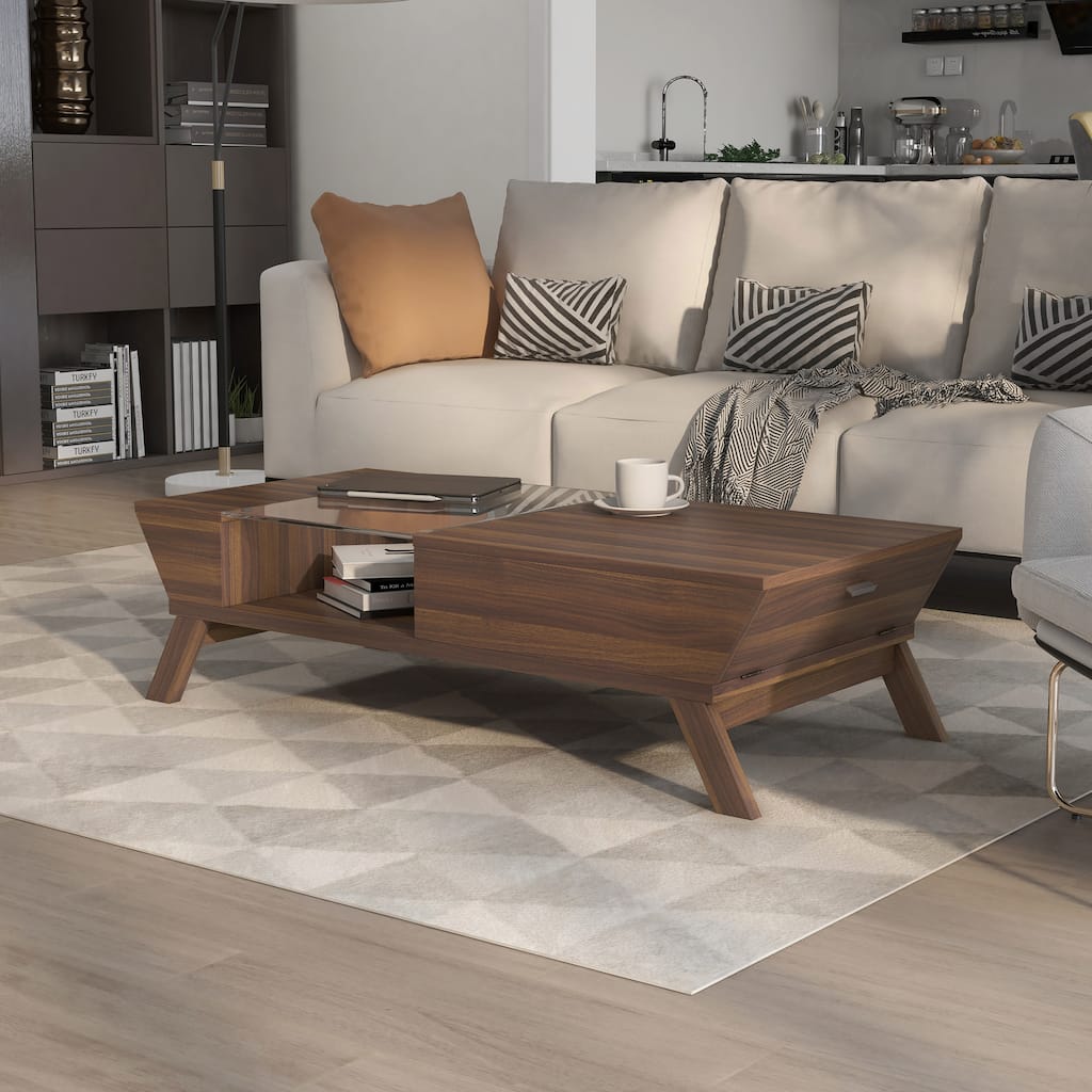 24/7 Shop At Home Mid-Century Walnut 47-inch Glass Insert 1-Shelf Coffee Table