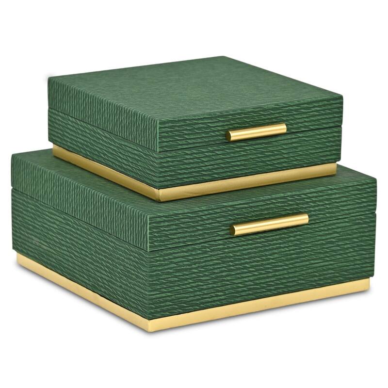 Eira Set of 2 Square Decorative Storage Boxes - Retro Stripe Pattern with Gold Hardware
