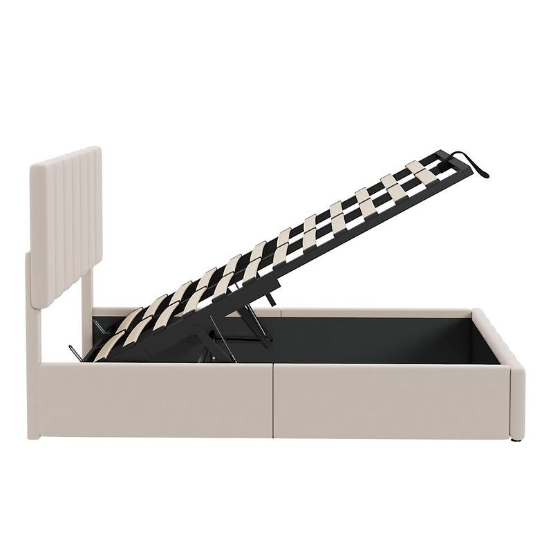 Hydraulic Lift Up Storage Bed, Linen Upholstered Platform Bed Frame with Vertical Panel Headboard, Wooden Slat Support