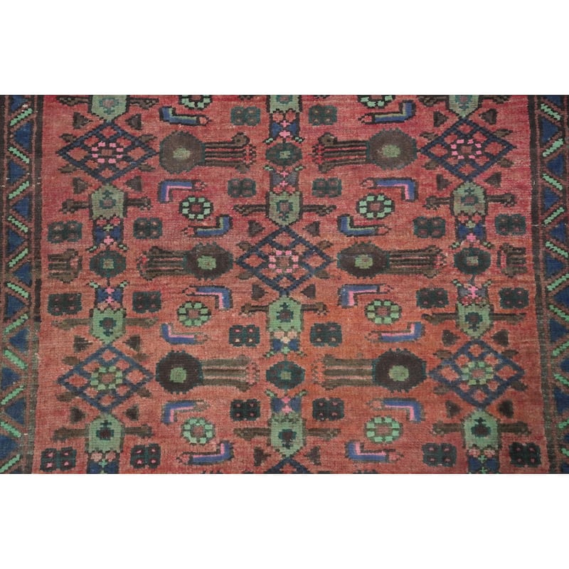 Hand Knotted Oriental 100% Wool Carpet Traditional Geometric Pink Hamedan Runner Rug - 9' 8'' X 3' 4''