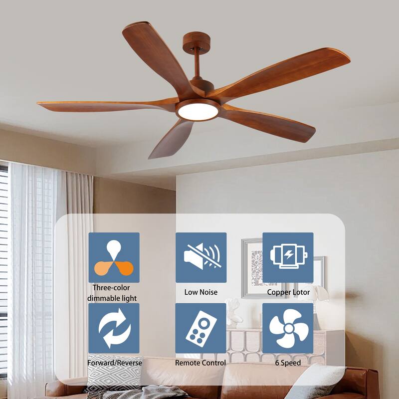 60 inch Wood Ceiling Fans with Remote,5 Solid Wood Blades,Low Profile Ceiling Fan with Light,6 Speed,Reversible DC Motor